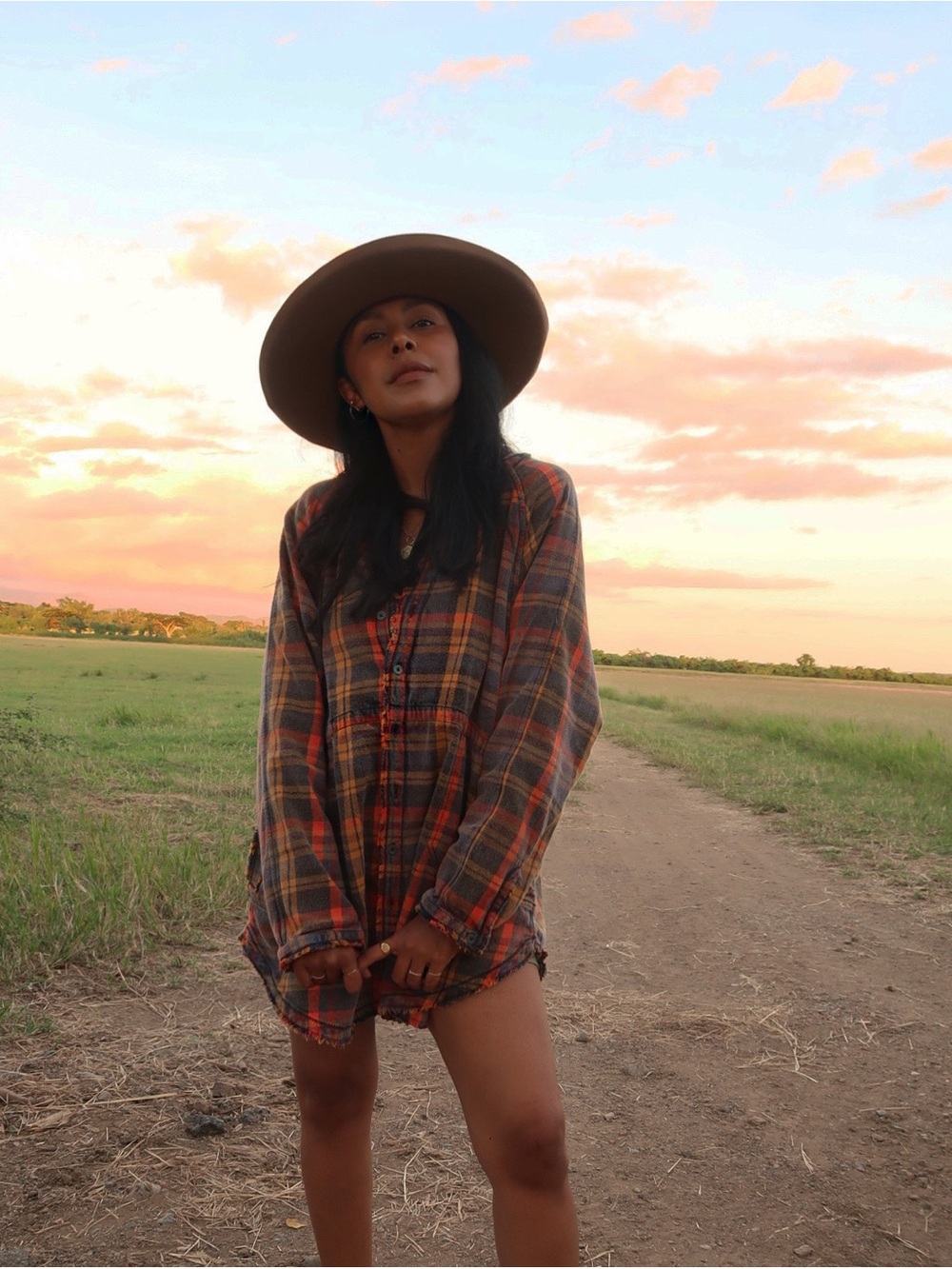 Free People Rust and Brown Plaid Long-Sleeve Tunic Dress